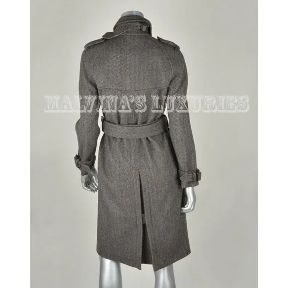 GUCCI COAT GREY WOOL HERRINGBONE DOUBLE BREASTED LONG JACKET IT42/ US6
